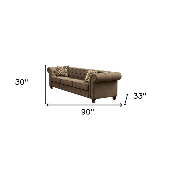 Linen Sofa And Toss Pillows With Black Legs - Brown