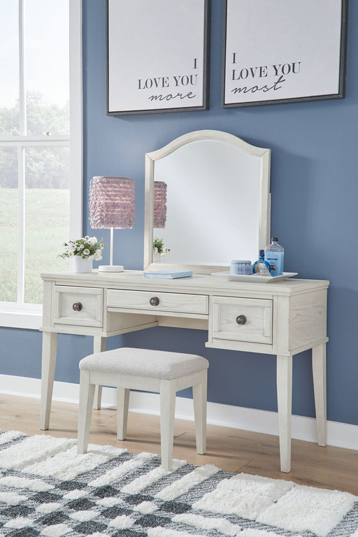 Robbinsdale - Mirrored Vanity With Stool - Antique White Signature Design by Ashley®