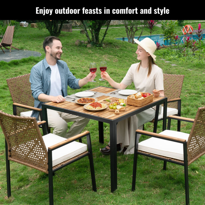 5 Piece Patio Dining Table Set, Acacia Wood Table Top With Umbrella Hole Home Essentials