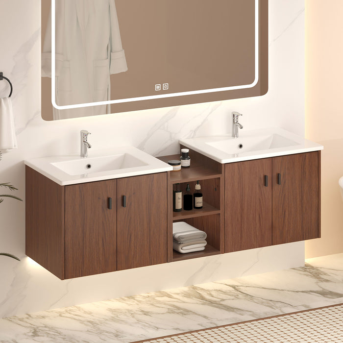 Soft Close Doors Bathroom Vanity With Small Storage Shelves, 24" And 12" Combination Cabinet - Reddish Brown Home Essentials