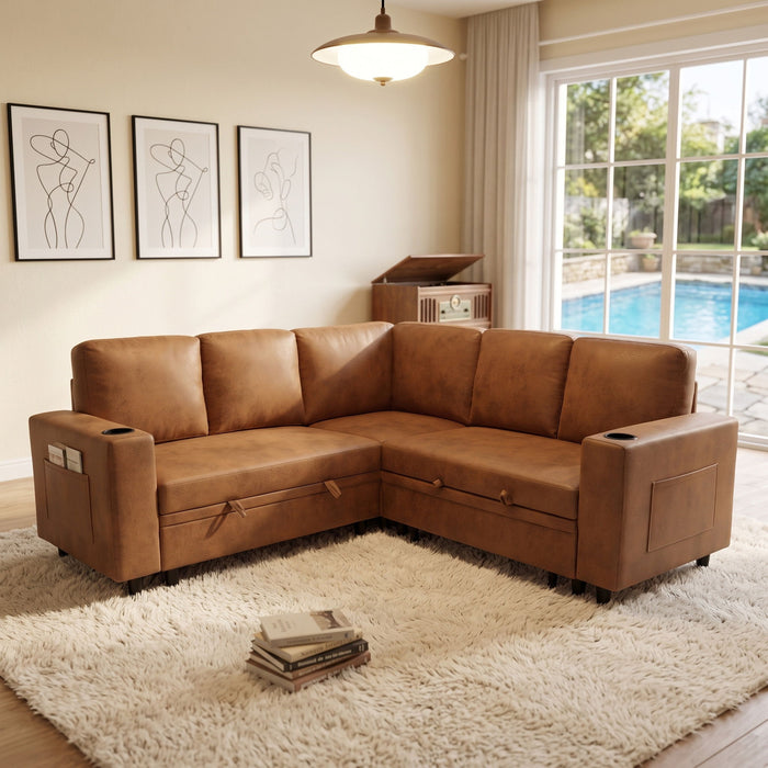 Upholstered L - Shape Sectional Sofa Bed With Pull Out Sleeper And Storage Home Essentials