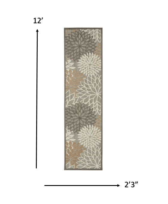 2' X 10' Floral Outdoor & Indoor Area Rug - Gray / Ivory