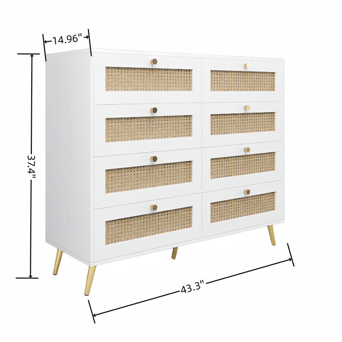 8 Drawers Chest Of Drawers With Rattan Drawer Face Golden Legs And Handles - White Home Essentials