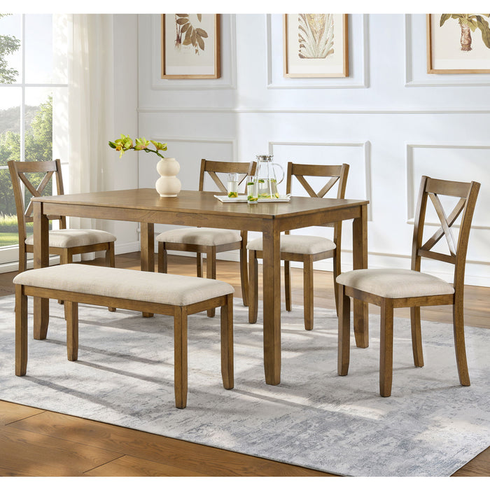 6 Piece Dining Table Set, Large Rectangular Table With Upholstered Bench & 4 X - Back Chairs, Kitchen Furniture - Oak Home Essentials