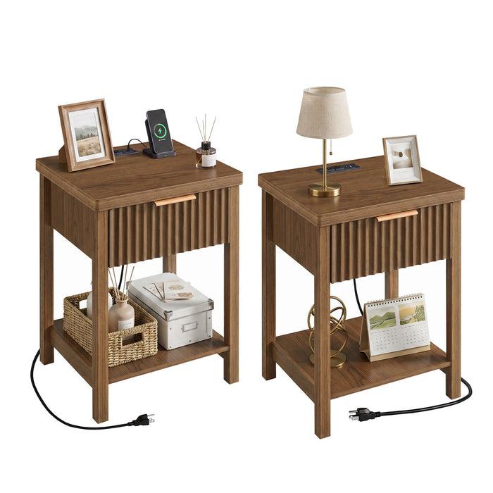 Nightstand, Bedside Table With Built In Charging Station (Set of 2) - Walnut Home Essentials