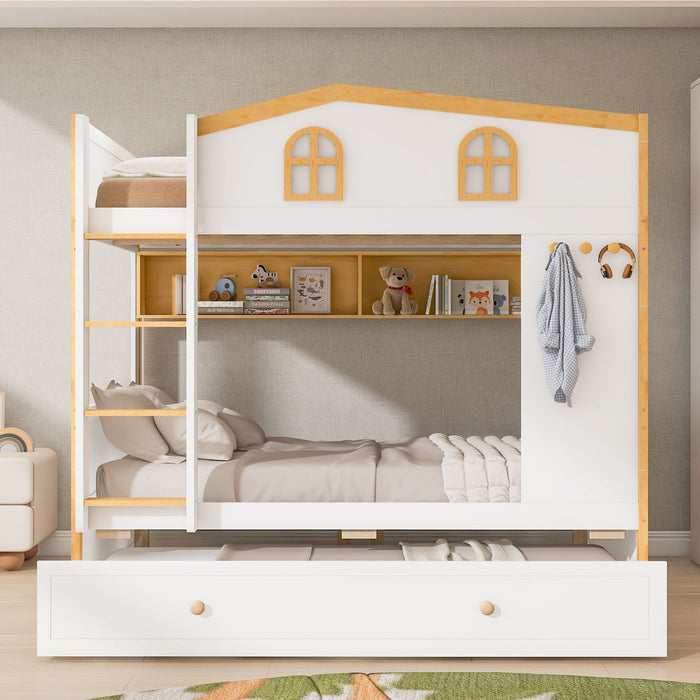 Bunk Bed With House Shaped Guardrails, Storage Shelves, And Trundle Dreamland