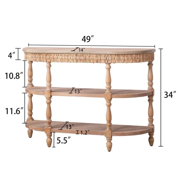Handcrafted Console Table With Hand Woven Trim, 3 Tier Storage Shelves - Natural Home Essentials