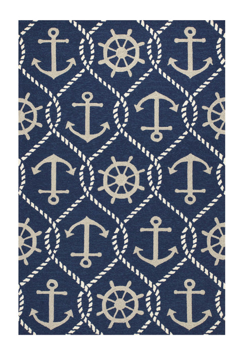 5' X 8' Hand Hooked UV Treated Nautical Indoor / Outdoor Area Rug - Navy Blue