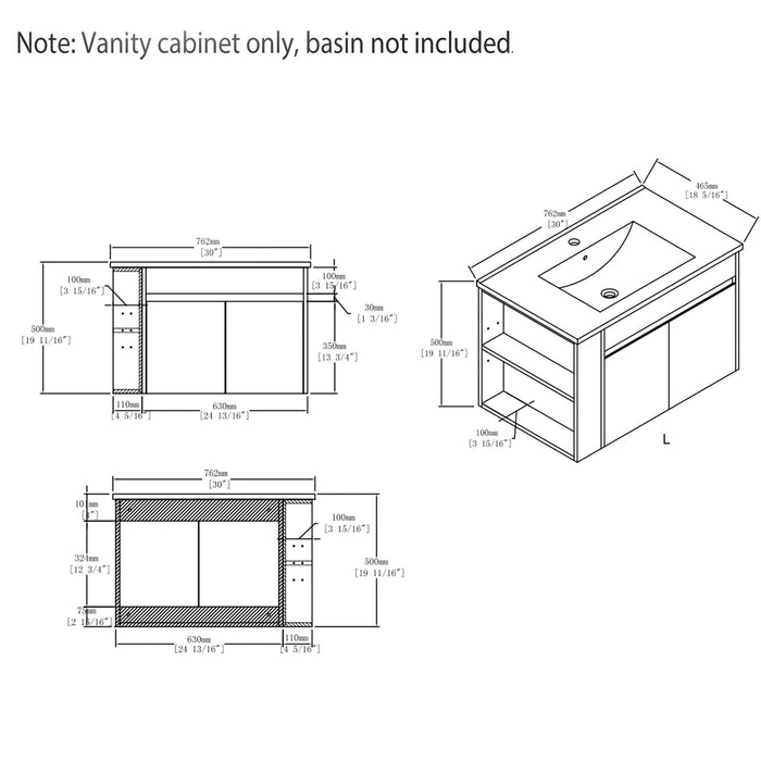 Floating Bathroom Vanity Cabinet, Soft Close Double Drawers, Open Side Storage, Wall Mounted, Cabinet Only Home Essentials