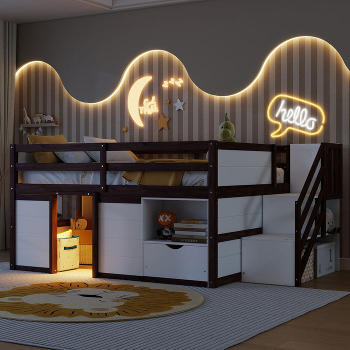 Low Loft Bed Frame With Built In Stairs, Storage Drawer, Shelf And 7 Color LED Light Home Essentials