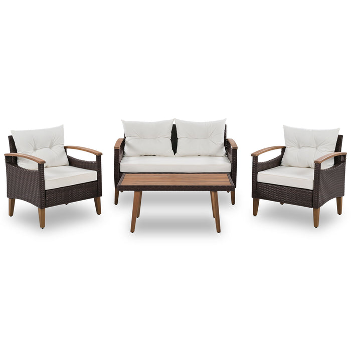 4 Piece Garden Furniture, Patio Seating Set, Outdoor Sofa Set, Wood Table And Legs - Brown / Beige