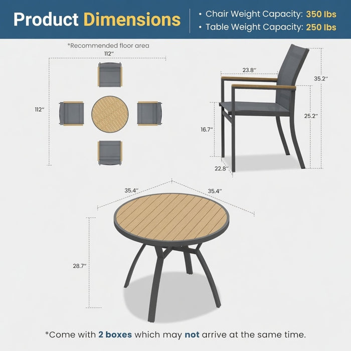 Gray Aluminum Patio Dining Set With Textilene Chairs, 5 Piece All Weather Round Table And 4 Seater For Garden, Deck, Or Porch Home Essentials