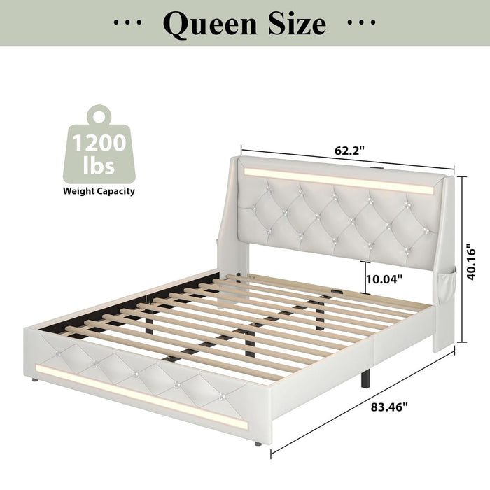 Wingback Upholstered Bed Frame With LED Lights, Charging Station Home Essentials