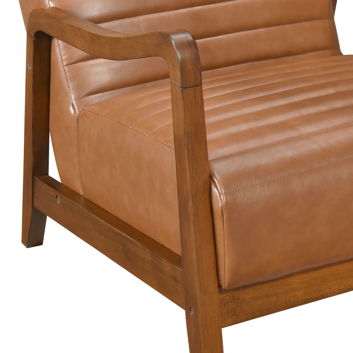 1 Piece Accent Chair Brown Faux Leather Walnut Finish Solid Rubberwood Modern Living Room Furniture