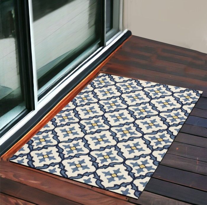 2' X 3' Moroccan Handmade Indoor / Outdoor Area Rug - Ivory / Blue