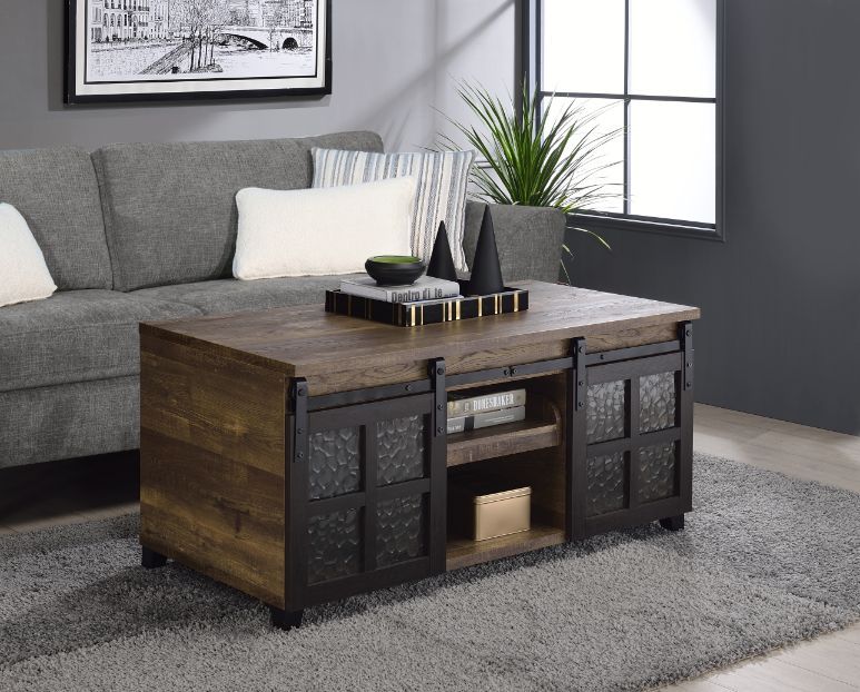 Nineel - Coffee Table - Obscure Glass, Rustic Oak & Black ACME
