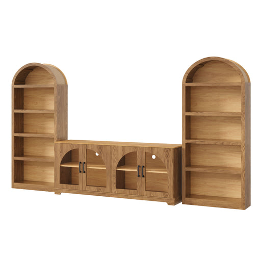 3 Piece TV Stand Set With Bookshelf With Arched Design For Living Room - Brown Hearth and Haven
