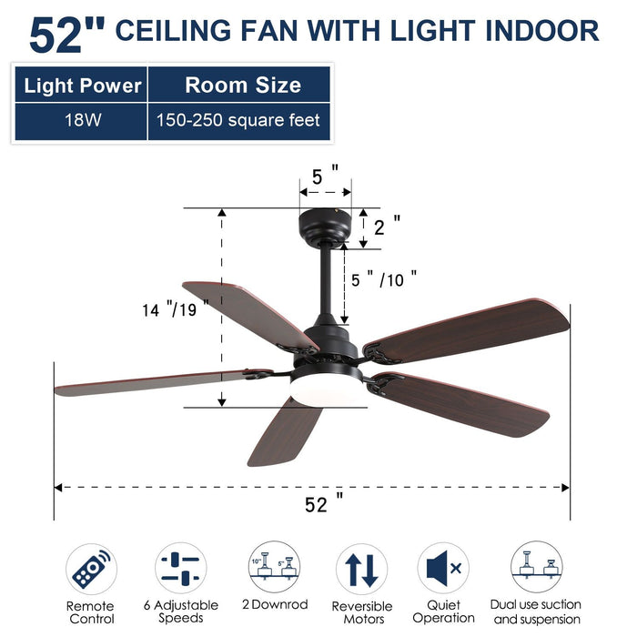 52" Ceiling Fan With LED Light, 6 Speed DC Motor, Remote Control - Matte Black Daily Nest