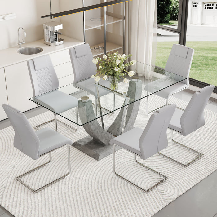 1 Table And 6 Chairs Set, Large Rectangular Table, Equipped With 0.39" Table Top And MDF Table Legs, Paired With 6 Chairs With Faux Leather Padded Seats And Metal Legs - MDF / Glass