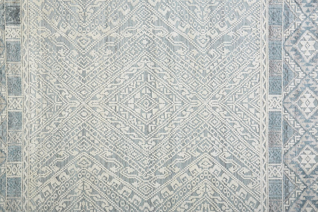 Geometric Hand Knotted Runner Rug - Ivory Blue And Gray - 8'