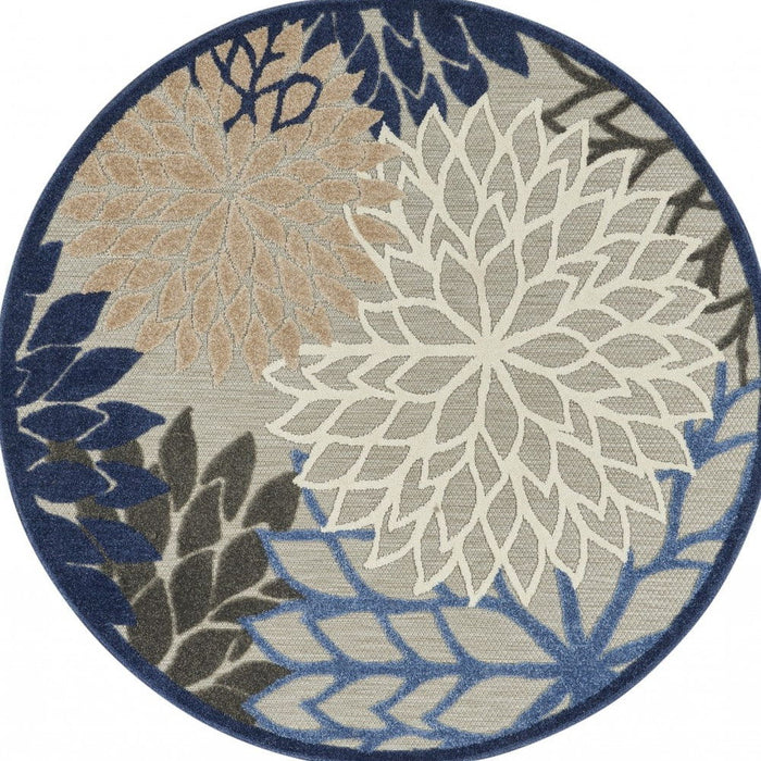 5' Round Round Floral Indoor / Outdoor Area Rug - Blue / Gray