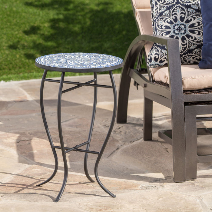 Outdoor Round Side Table With Mosaic Style Top And Curved Iron Legs Noble House