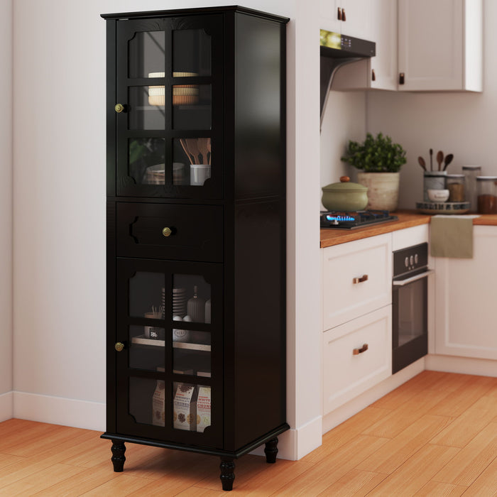 Storage Cabinet, Freestanding Curio Cabinet With Grid Doors & Drawer, Pantry Display Cabinet For Kitchen Home Essentials