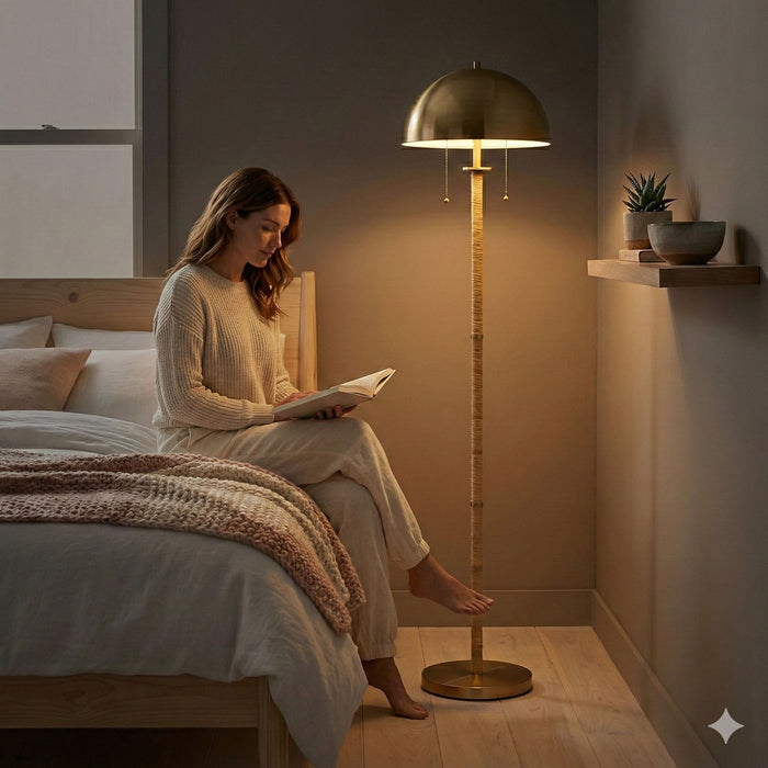 Allure - 2 Light Floor Lamp, Gold, Natural Tube, Double On / Off Pull Chain - Gold / Rattan Ashcroft Furniture