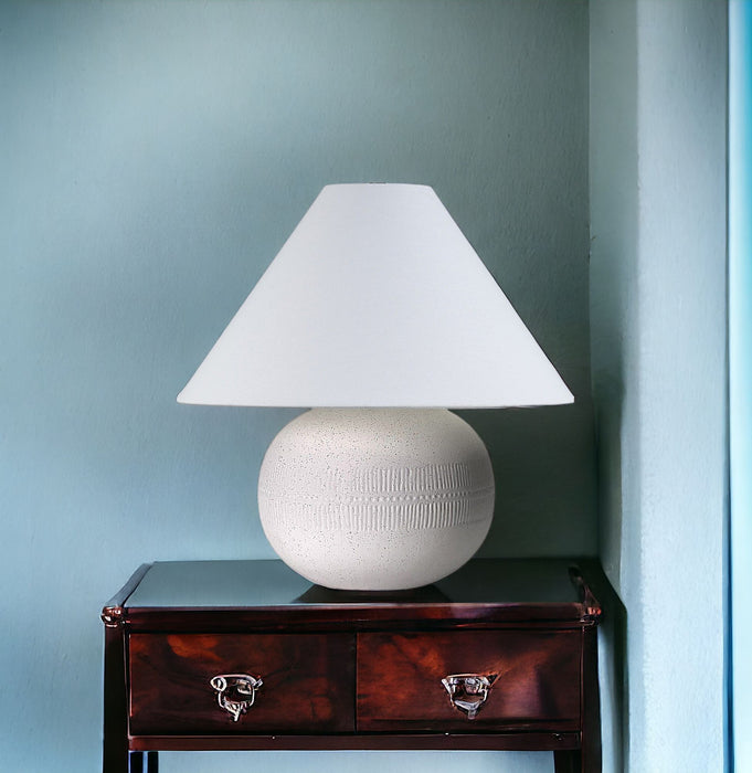 Ceramic Round Table Lamp With White Cone Shade - Off-White