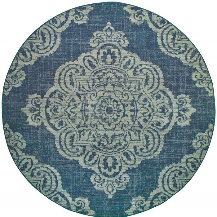 8' X 8' Round Oriental Stain Resistant Outdoor / Indoor Area Rug - Blue