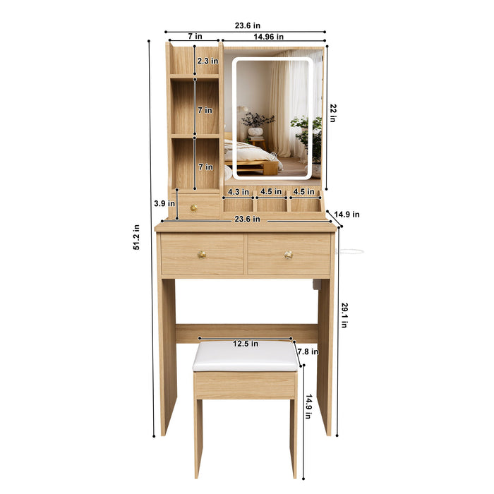 Small Vanity Desk With 3 LED Lighting Modes, 3 Drawers, Hair Dryer Holder, Power Socket, And Dressing Chair - Natural Walnut Home Essentials