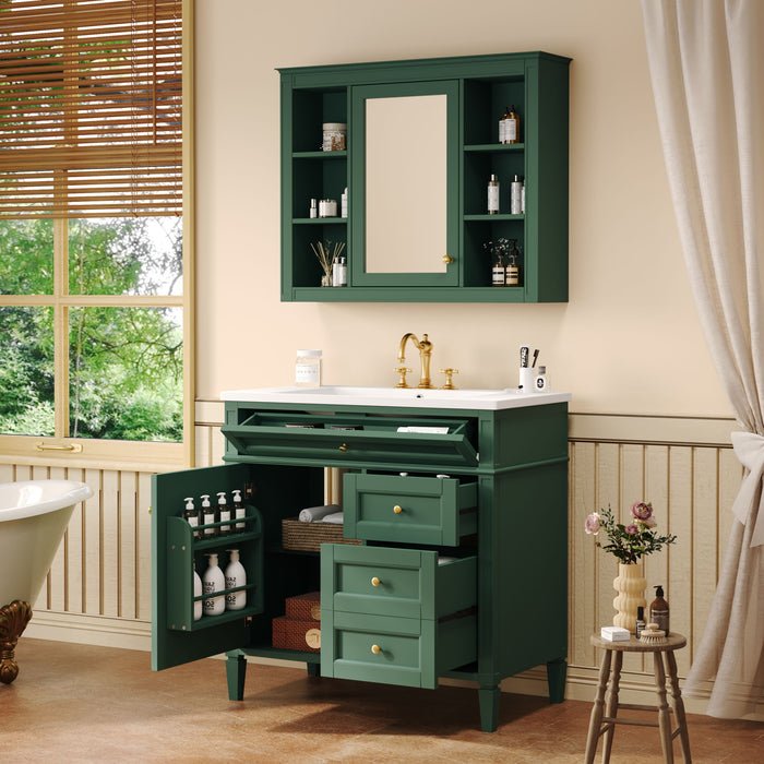 Bathroom Vanity With Top Sink, Storage Cabinet With Mirror, 2 Doors, 3 Drawers, 6 Open Shelves