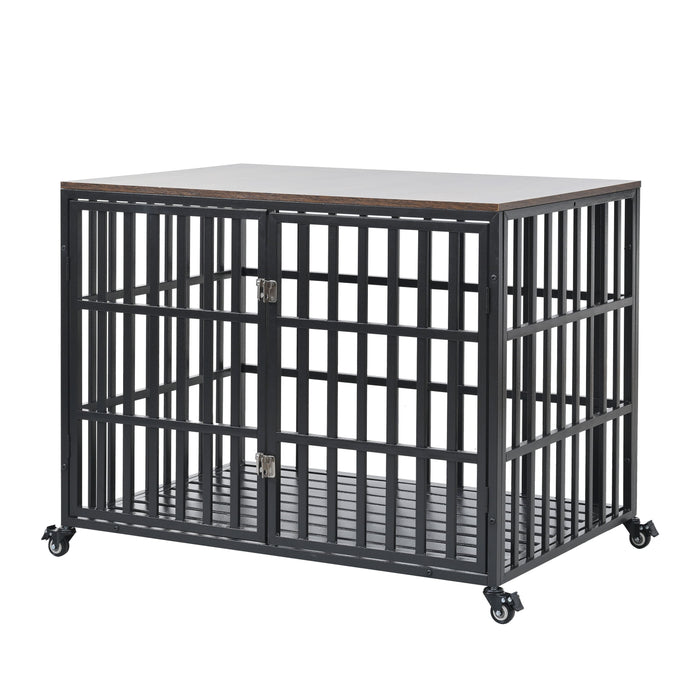 42" Heavy Duty Dog Crate For Large Medium Dogs, Furniture Style Cage With 4 Lockable Wheels And 2 Locks, Decorative Pet House Wooden Cage Kennel Furniture Indoor