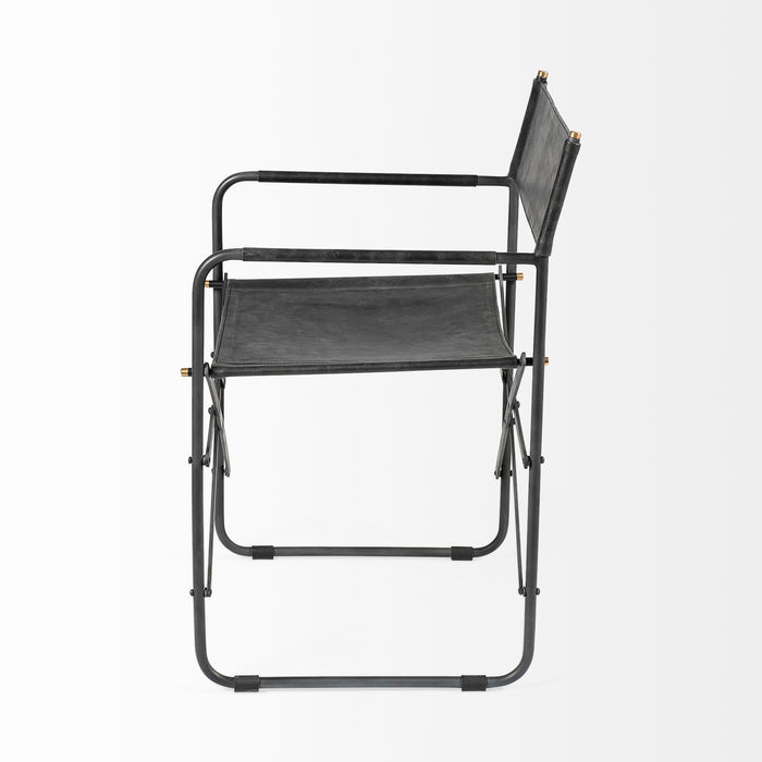 Leather Metal Open Back Dining Arm Chair - Black