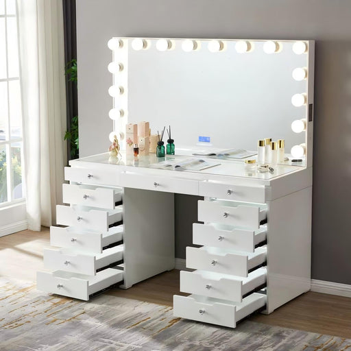 LED Lighted Makeup Vanity Desk With 16 Bulbs Mirror, 13 Drawers Dressing Table For Bedroom - Gloss White Home Essentials