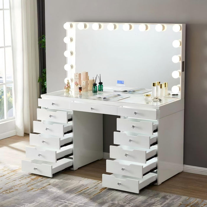 LED Lighted Makeup Vanity Desk With 16 Bulbs Mirror, 13 Drawers Dressing Table For Bedroom - Gloss White Home Essentials