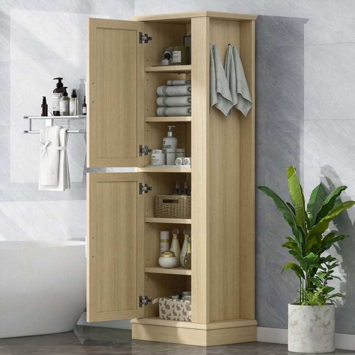 Tall Freestanding Bathroom Storage Cabinet With Adjustable Shelves And Side Hooks Hearth and Haven