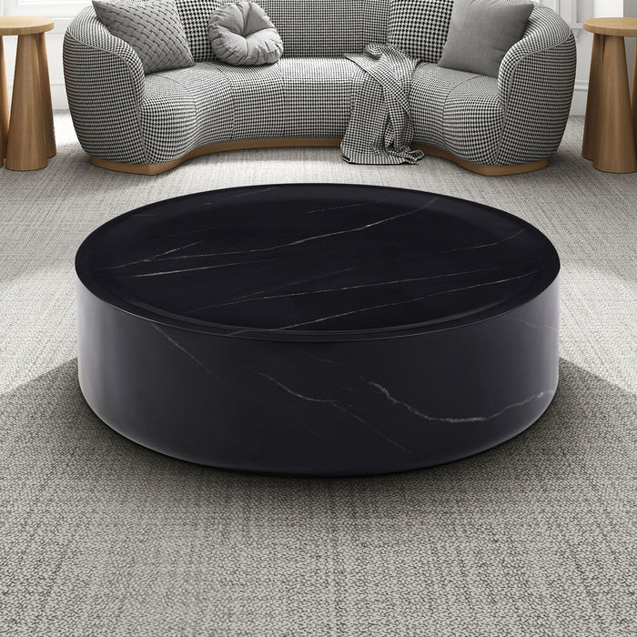 39.37'' Black Marble Round Coffee Table Sturdy Fiberglass Table For Living Room, No Need Assembly.