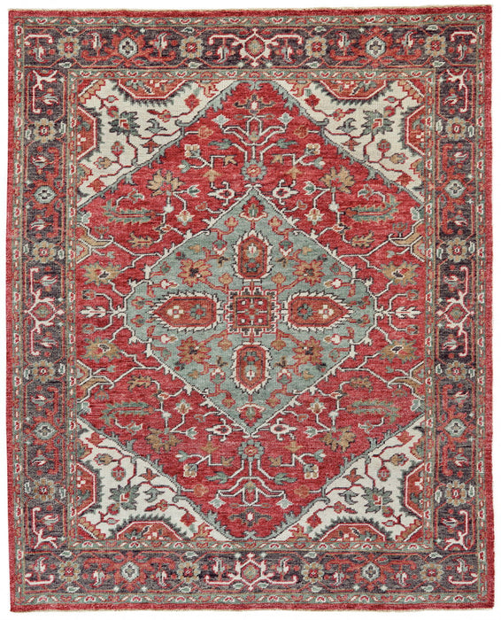 Floral Hand Knotted Distressed Stain Resistant Area Rug With Fringe - Red Gray And Ivory Wool - 5' X 8'