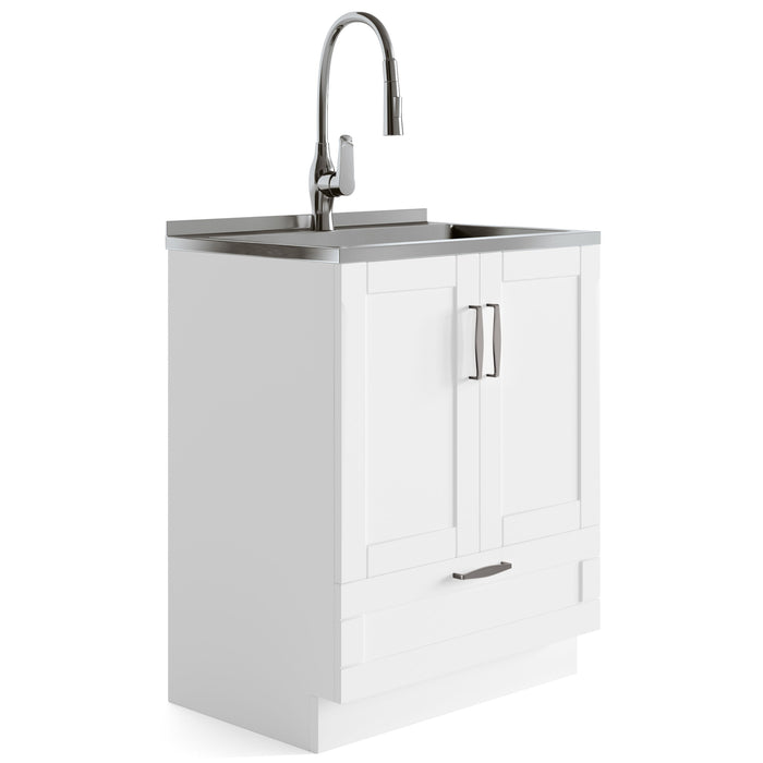 Reed - Deluxe 28" Laundry Cabinet With Pull - Out Faucet And Stainless Steel Sink - Pure White