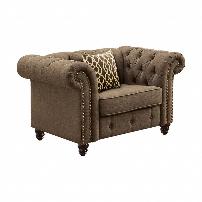Linen And Black Tufted Chesterfield Chair 45" - Brown