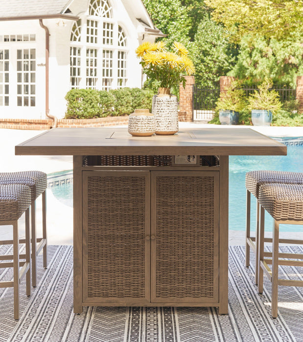 Walton Bridge - 5 Pc. - Square Bar Table W/Fire Pit, 4 Barstools - Driftwood Signature Design by Ashley®