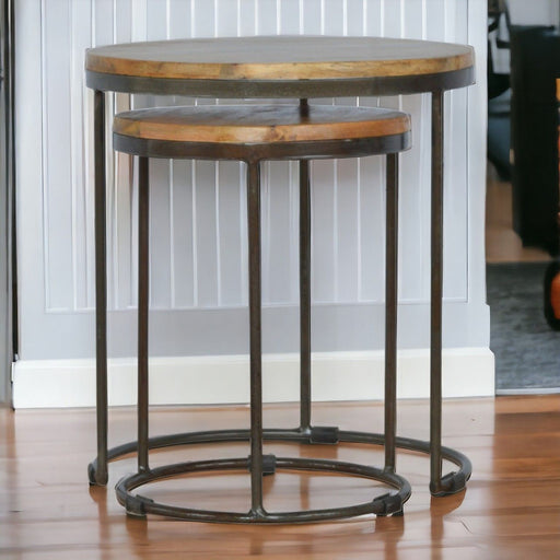 Round Stool Table With Iron Base (Set of 2) - Brown / Black Artisan Furniture