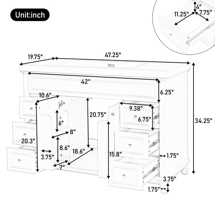 Bathroom Vanity Cabinet Only, 6 Soft Close Drawers & Double Doors - White Noble House