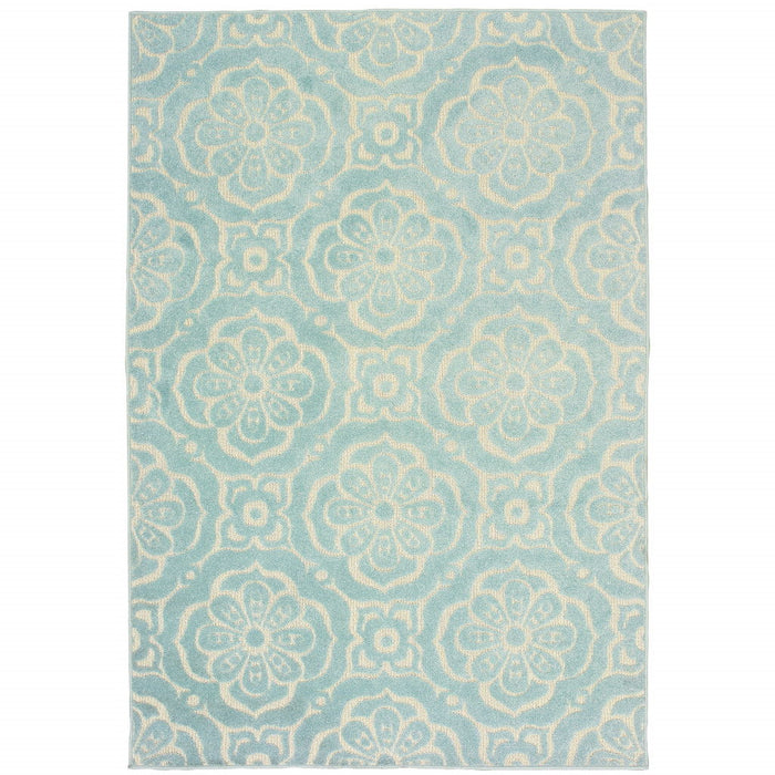 10' X 13' Floral Stain Resistant Indoor / Outdoor Area Rug - Blue / Ivory