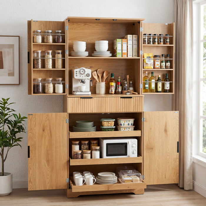 Fluted Kitchen Pantry Cabinet With 3 Keyboard Drawers & 6 Door Shelves Adjustable Home Essentials
