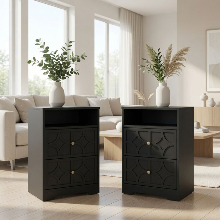Nightstand With Diamond Carvings Handles, 2 Drawers & Charging Station Home Essentials