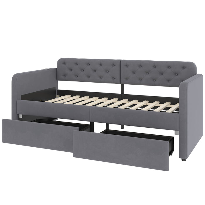 Twin Size Upholstered Daybed With 2 Storage Drawers And USB Charging Design - Gray Home Essentials