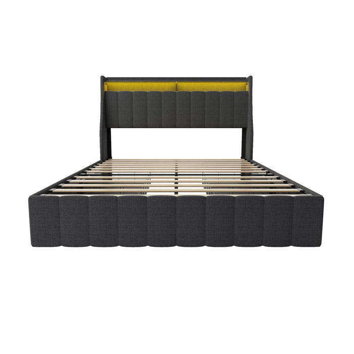Bed With LED Lights, 4 Drawers, Winged Headboard Upholstered