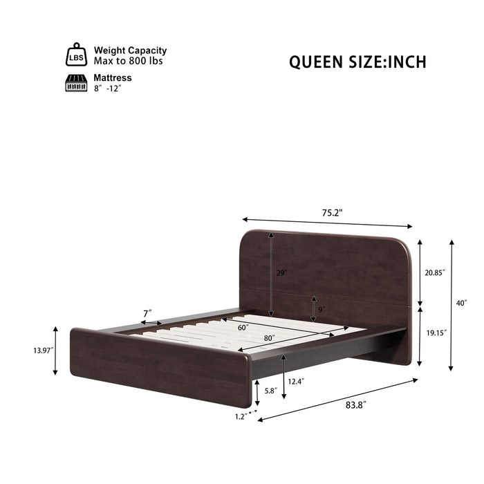 Queen Size Platform Bed Frame With Rounded Headboard - Walnut Noble House